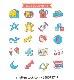 Cute Hand-drawn Children Education. Learning and Playing Icons Set