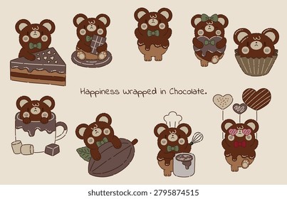 Cute hand-drawn chocolate bear collection for World Chocolate Day celebration. Adorable kawaii teddy bear characters featuring various chocolate-themed activities, including holding chocolate bars, sitting on cakes, chocolate cupcakes, hot cocoa, cocoa beans, confectionery treats, and dessert-making scenes. Perfect for stickers, greeting cards, packaging, social media content, children's products, bakery branding, clipart sets, and seasonal marketing designs.