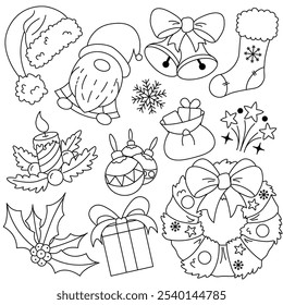 Cute hand-drawn Christmas doodle set icons. Ideal for coloring books, stamps, invitations, and others.