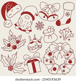 Cute hand-drawn Christmas Doodle Set Icons Red Style. Ideal for coloring books, stamps, invitations, and others.
