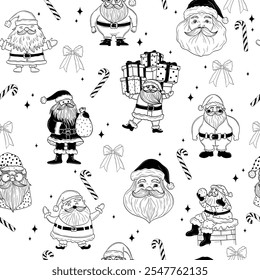 Nettes handgezeichnetes Weihnachts-Nahtloses Muster mit Weihnachtsmann, Bonbons und Bögen