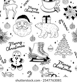 Cute Hand-Drawn Christmas Seamless Pattern with Santa Claus, Gingerbread Man, Polar Bear, and Hot Chocolate