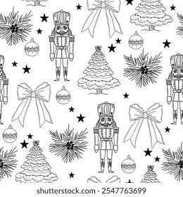 Cute Hand-Drawn Christmas Seamless Pattern with Nutcracker, Christmas Tree, Bows, and Stars