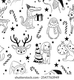 Cute Hand-Drawn Christmas Seamless Pattern with Animals, Deer, Dog, Cat, Crocodile, Penguin, Candy Canes, and Stars