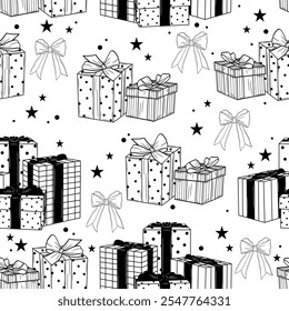 Cute Hand-Drawn Christmas Seamless Pattern with Gifts, Presents, Bows, and Stars