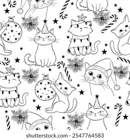 Cute Hand-Drawn Christmas Seamless Pattern with Cats, Christmas Lights, Candy Canes, and Stars