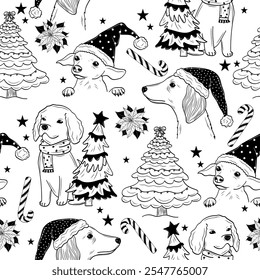 Cute Hand-Drawn Christmas Seamless Pattern with Christmas Trees and Dogs