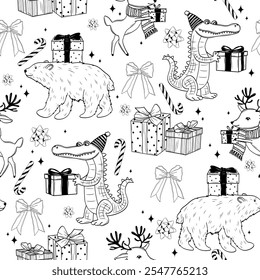 Cute Hand-Drawn Christmas Seamless Pattern with Gifts, Candy Canes, Crocodiles, and Polar Bears