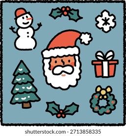 Conjunto de Navidades dibujadas a mano lindas con Santa Claus, un muñeco de nieve, árbol, acebo, regalo, corona y copo de nieve sobre un fondo azul. Ideal para gráficos de vacaciones, decoraciones y diseños de temporada.