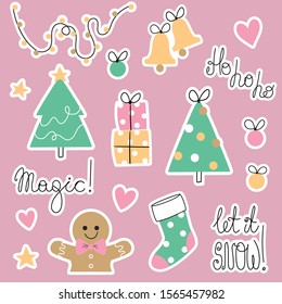Cute hand-drawn Christmas stickers set. Vector holiday lettering and Christmas symbols in lovely girly style.