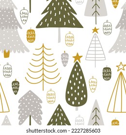 Cute hand-drawn Christmas trees with cones in Scandinavian style. Seamless vector pattern for the celebration of winter New Year and Christmas holidays