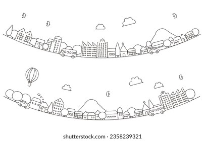 Cute hand-drawn cityscape illustration (curves, line drawings)