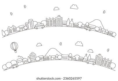 Cute hand-drawn cityscape illustration (curves, line drawings)