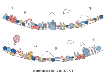 Cute hand-drawn cityscape illustration (curves, dull color)