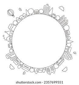 Cute hand-drawn cityscape illustration frame (line drawing)