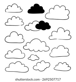 Conjunto bonito de vetor de esboço preto e branco da coleção de doodles de nuvem desenhados à mão