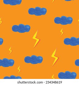 Cute hand-drawn clouds and lightning bolts on orange background