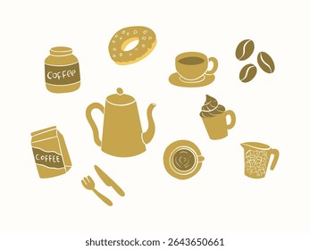 Cute hand-drawn coffee doodle icons set featuring cups, beans, kettle, donut, and more. Perfect for cafe menus, stickers, and cozy-themed designs.