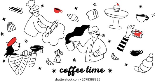 Cute hand-drawn coffee shop vector set with croissants, cups, and stylish people. Perfect for cafe branding, menu design, and cozy lifestyle illustrations.