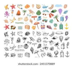 A cute hand-drawn colored and contour-black set of travel icons. Tourism and camping adventure icons. Сlipart with travelling elements, bags, transport, camera, map, palm, seashells.	