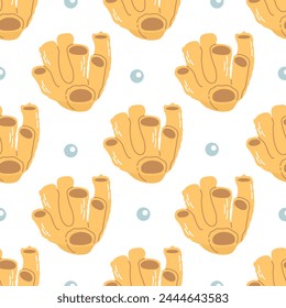 Cute hand-drawn colored coral in flat style, seamless, pattern, ocean aquatic underwater kawaii vector. Vector cartoon illustration on white background.