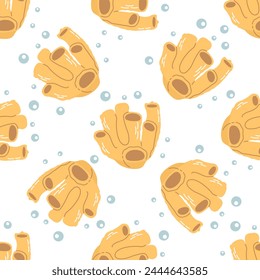 Cute hand-drawn colored coral in flat style, seamless, pattern, ocean aquatic underwater kawaii vector. Vector cartoon illustration on white background.