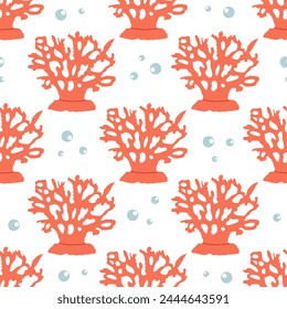 Cute hand-drawn colored coral in flat style, seamless, pattern, ocean aquatic underwater kawaii vector. Vector cartoon illustration on white background.