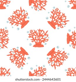 Cute hand-drawn colored coral in flat style, seamless, pattern, ocean aquatic underwater kawaii vector. Vector cartoon illustration on white background.