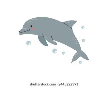 Cute hand-drawn colored dolphin in flat style, ocean aquatic underwater kawaii vector. Vector cartoon illustration on white background.