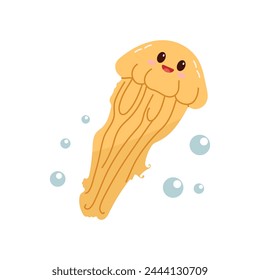 Cute hand-drawn colored jellyfish in flat style, ocean aquatic underwater kawaii vector. Vector cartoon illustration on white background.