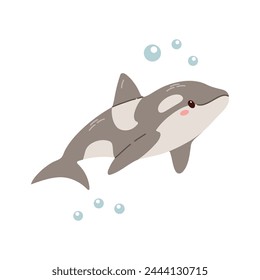 Cute hand-drawn colored killer whale in flat style, ocean aquatic underwater kawaii vector. Vector cartoon illustration on white background.