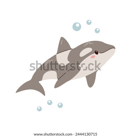 Cute hand-drawn colored killer whale in flat style, ocean aquatic underwater kawaii vector. Vector cartoon illustration on white background.