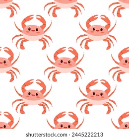 Cute hand-drawn colored marine crab, seamless pattern in flat style, ocean aquatic underwater kawaii vector. Vector cartoon illustration on white background.