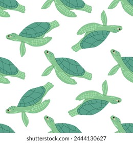 Cute hand-drawn colored marine green turtle, seamless pattern in flat style, ocean aquatic underwater kawaii vector. Vector cartoon illustration on white background.