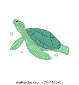 Cute hand-drawn colored marine green turtle in flat style, ocean aquatic underwater kawaii vector. Vector cartoon illustration on white background.