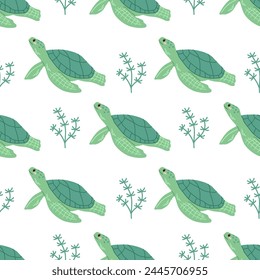 Cute hand-drawn colored marine green turtle, seamless pattern in flat style, ocean aquatic underwater kawaii vector. Vector cartoon illustration on white background.