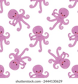 Cute hand-drawn colored octopus, seamless pattern in flat style, ocean aquatic underwater kawaii vector. Vector cartoon illustration on white background.