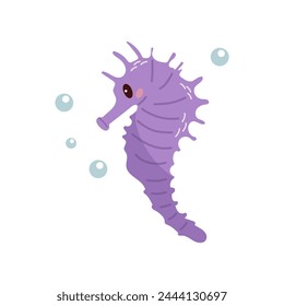 Cute hand-drawn colored seahorse in flat style, ocean aquatic underwater kawaii vector. Vector cartoon illustration on white background.