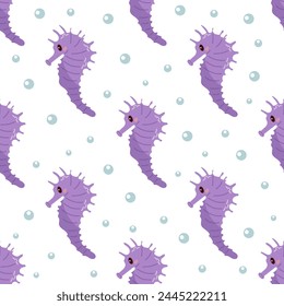 Cute hand-drawn colored seahorse, seamless pattern in flat style, ocean aquatic underwater kawaii vector. Vector cartoon illustration on white background.	