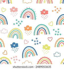 Nette handgezeichnete bunte Boho Regenbogen Kinderzimmer nahtlose Muster Hintergrund Bildschirmhintergrund. Kinder Cartoon spielerische Doodle Digital Paper Hintergrund