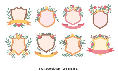 Cute hand-drawn colorful floral decorative shield set, perfect for your crafting projects. A total of 8 isolated items. Vector illustration.