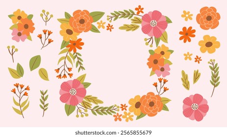 Cute hand-drawn colorful floral frame and isolated flowers, leaves and twigs, perfect for decorating gift cards, prints and crafting projects. A total of 20 isolated items. Vector illustration.