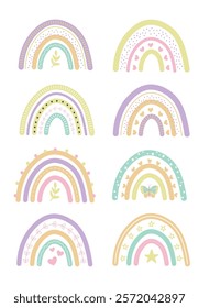 cute hand-drawn colorful pastel rainbow clipart vector illustration bundle, nursery baby rainbow stickers, kids children doodle boho rainbow elements, baby shower graphics