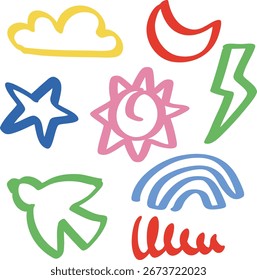 Cute Hand-Drawn colorful sky Elements – Colorful Doodle Collection