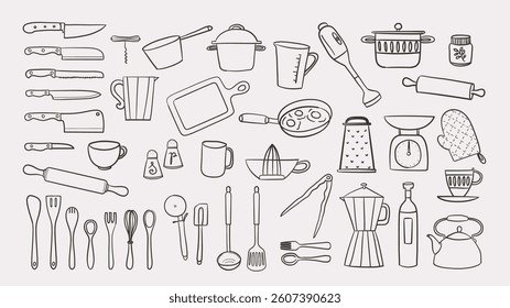 Cute hand-drawn Cooking and Kitchen utensils doodle set, perfect for decorating surfaces, cooking recipes, prints and crafting projects. A total of 43 icon designs. Vector illustration.