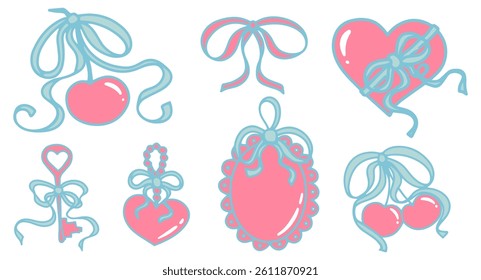 Cute Hand-drawn Coquette elements set for wedding invitation, birthday card. Cherry with bows, key, medallions, hearts, ribbons, candles. Vintage elegant vector illustration  in pink and blue colors.