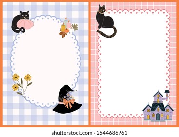 Cute hand-drawn cottage-core witch theme Halloween Frame Template for notecards, notepads, invites, greeting card, ad banners.