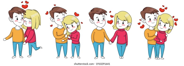 Cute hand-drawn couple for Valentine's Day. Couple in love in cartoon style in an embrace and hand in hand isolated on white background. Vector illustration 