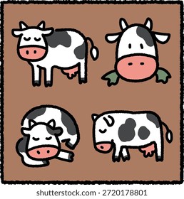 Cute hand-drawn cow sticker set featuring four black and white dairy cows in calm and playful poses such as standing, peeking, sleeping curled up, and lying down, on a brown background.