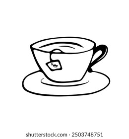 A cute hand-drawn cup of tea, a hot beverage doodle, black and white icon